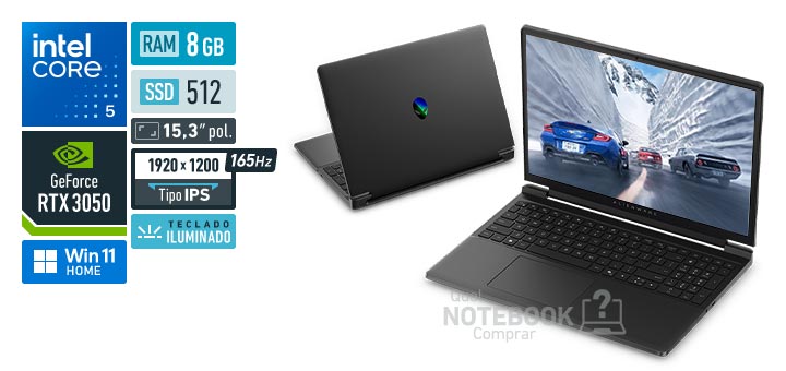 Dell Alienware 15 DA15-C5210H-M10 Core 5-210H Serie 2 GeForce RTX 3050 Windows 11 Home RAM 8 GB SSD 512 GB Tela LED 15-3 polegadas WUXGA IPS 165 Hz Teclado iluminado