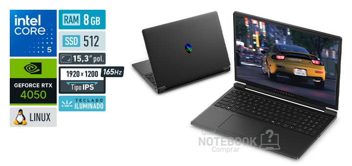 Dell Alienware 15 DA15-C5210H-U30 Core 5-210H Serie 2 GeForce RTX 4050 Linux RAM 8 GB SSD 512 GB Tela LED 15-3 polegadas WUXGA IPS 165 Hz Teclado iluminado Garantia 1 ano