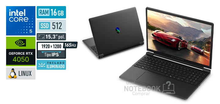 Dell Alienware 15 DA15-C5210H-U40 Core 5-210H Serie 2 GeForce RTX 4050 Linux RAM 16 GB SSD 512 GB Tela LED 15-3 polegadas WUXGA IPS 165 Hz Teclado iluminado Garantia 1 ano