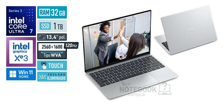 Dell XPS 13 DX13260-REG06 Core Ultra 7-355 Serie 3 Graphics 4 Xe3 iGPU Windows 11 Home RAM 32 GB SSD 1 TB Tela LED 13-4 polegadas touch 2560 x 1600 px WVA 120 Hz Teclado iluminado