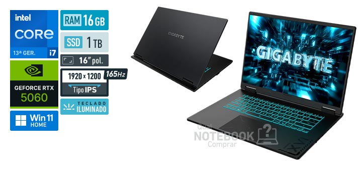 Gigabyte A16 CVHI3US894SH Core i7-13620H 13a geracao GeForce RTX 5060 Windows 11 Home RAM 16 GB SSD 1 TB Tela LED 16 polegadas WUXGA IPS 165 Hz Teclado iluminado Garantia 1 ano