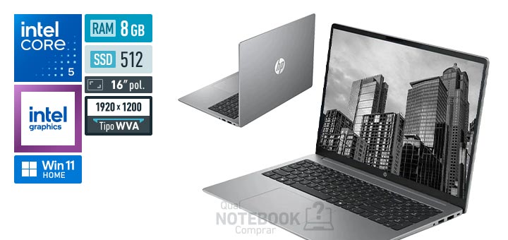 HP 200 G2i E30QFAT Core 5-120U Serie 1 Graphics 80 EUs Windows 11 Home RAM 8 GB SSD 512 GB Tela LED 16 polegadas WUXGA WVA Garantia 1 ano