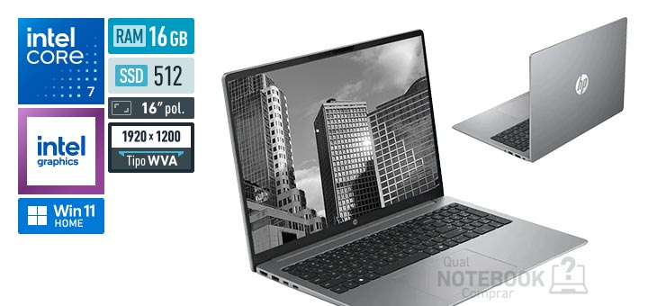 HP 200 G2i E30QGAT Core 7-150U Serie 1 Graphics 96 EUs Windows 11 Home RAM 16 GB SSD 512 GB Tela LED 16 polegadas WUXGA WVA Garantia 1 ano