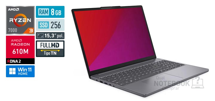 Lenovo IdeaPad Slim 3 83V80001BO Ryzen 3 7320U Serie 7000 Radeon 610M Windows 11 Home RAM 8 GB SSD 256 GB Tela LED 15-3 polegadas Full HD TN Garantia 1 ano