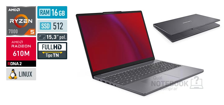 Lenovo IdeaPad Slim 3 83V8S00400 Ryzen 5 7520U Serie 7000 Radeon 610M Linux RAM 16 GB SSD 512 GB Tela LED 15-3 polegadas Full HD TN Garantia 1 ano