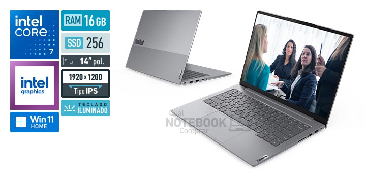 Lenovo ThinkBook 14 21TV000SBO Core 7-240H Serie 2 Graphics 64 EUs Windows 11 Home RAM 16 GB SSD 256 GB Tela LED 14 polegadas WUXGA IPS Teclado iluminado Garantia no local