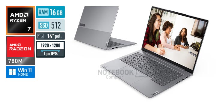 Lenovo ThinkBook 14 22BV000ABO Ryzen 7 250 Serie 200 Radeon 780M Windows 11 Home RAM 16 GB SSD 512 GB Tela LED 14 polegadas WUXGA IPS Suporte Premium 1 ano