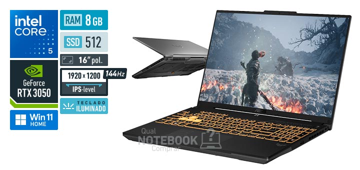ASUS TUF Gaming F16 FX607VJB-RL105 Core 5-210H Serie 2 GeForce RTX 3050 Windows 11 Home RAM 8 GB SSD 512 GB Tela LED 16 polegadas WUXGA IPS-level 144 Hz Teclado iluminado Garantia 1 ano