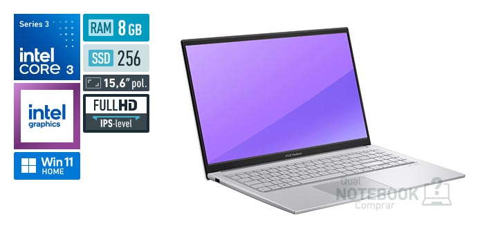 ASUS VivoBook 15 X1504MA-BQ371W Core 3-304 Serie 3 Graphics 1 Xe3 iGPU Windows 11 Home RAM 8 GB SSD 256 GB Tela LED 15-6 polegadas Full HD IPS-level Garantia 1 ano