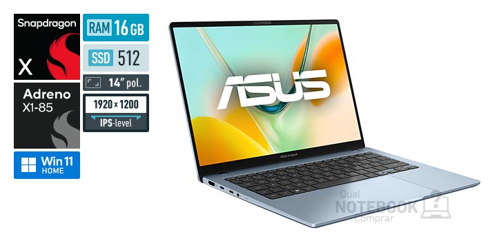 ASUS VivoBook S 14 S5408QA-TM239W Snapdragon X X1-26-101 Gen 1 Adreno X1-85 3-8 TFLOPS Windows 11 Home RAM 16 GB SSD 512 GB Tela LED 14 polegadas WUXGA IPS-level Garantia 1 ano