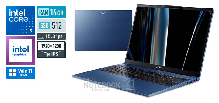 Acer Aspire Go 15 AG15-51P-52TF Core 5-120U Serie 1 Graphics 80 EUs Windows 11 Home RAM 16 GB SSD 512 GB Tela LED 15-3 polegadas WUXGA IPS Garantia 1 ano