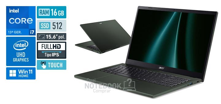 Acer Aspire Go 15 AG15-71PT-70L5 Core i7-13620H 13a geracao UHD Graphics 64 EUs Windows 11 Home RAM 16 GB SSD 512 GB Tela LED 15-6 polegadas touch Full HD IPS Garantia 1 ano