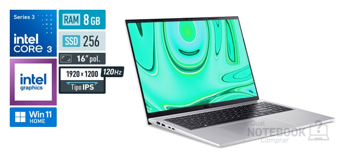 Acer Aspire Go 16 AG16-I51P-35S0 Core 3-304 Serie 3 Graphics 1 Xe3 iGPU Windows 11 Home RAM 8 GB SSD 256 GB Tela LED 16 polegadas WUXGA IPS 120 Hz Garantia 1 ano