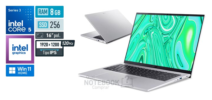 Acer Aspire Go 16 AG16-I51P-5591 Core 5-315 Serie 3 Graphics 2 Xe3 iGPU Windows 11 Home RAM 8 GB SSD 256 GB Tela LED 16 polegadas WUXGA IPS 120 Hz Garantia 1 ano