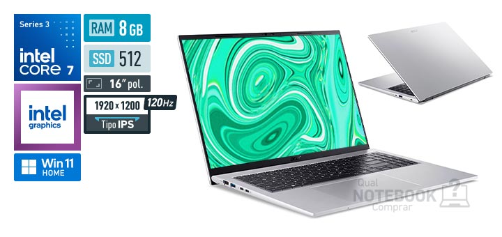 Acer Aspire Go 16 AG16-I51P-78HM Core 7-350 Serie 3 Graphics 2 Xe3 iGPU Windows 11 Home RAM 8 GB SSD 512 GB Tela LED 16 polegadas WUXGA IPS 120 Hz Garantia 1 ano