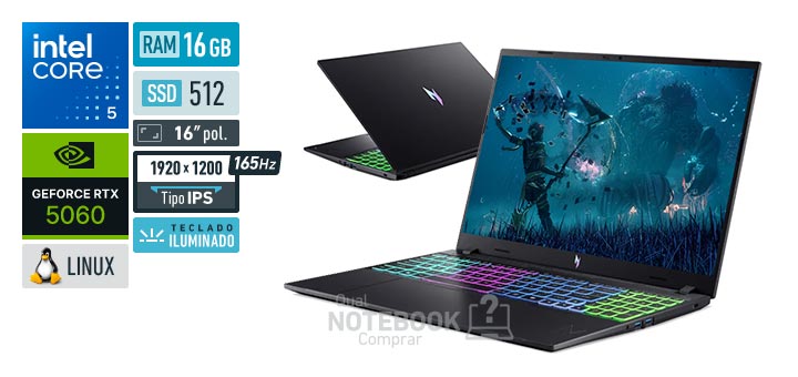 Acer Aspire Nitro V16 ANV16-I31-52PL Core 5-210H Serie 2 GeForce RTX 5060 Linux RAM 16 GB SSD 512 GB Tela LED 16 polegadas WUXGA IPS 165 Hz Teclado iluminado Garantia 1 ano