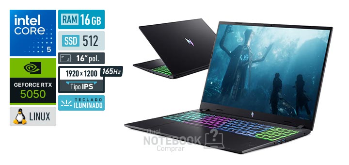 Acer Aspire Nitro V16 ANV16-I31-56YV Core 5-210H Serie 2 GeForce RTX 5050 Linux RAM 16 GB SSD 512 GB Tela LED 16 polegadas WUXGA IPS 165 Hz Teclado iluminado Garantia 1 ano