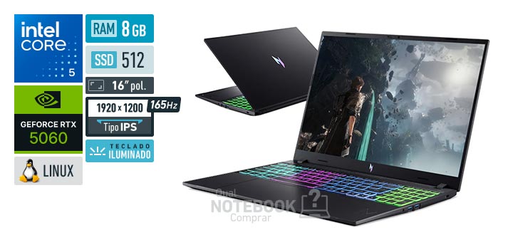 Acer Aspire Nitro V16 ANV16-I31-58MM Core 5-210H Serie 2 GeForce RTX 5060 Linux RAM 8 GB SSD 512 GB Tela LED 16 polegadas WUXGA IPS 165 Hz Teclado iluminado Garantia 1 ano