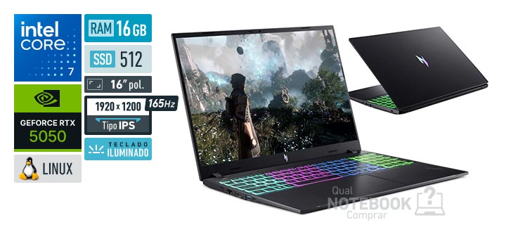 Acer Aspire Nitro V16 ANV16-I31-71BD Core 7-240H Serie 2 GeForce RTX 5050 Linux RAM 16 GB SSD 512 GB Tela LED 16 polegadas WUXGA IPS 165 Hz Teclado iluminado Garantia 1 ano