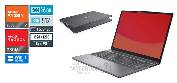 Lenovo IdeaPad Slim 3 83TY000JBO Ryzen 7 8840HS Serie 8000 Radeon 780M Windows 11 Home RAM 16 GB SSD 512 GB Tela LED 15-3 polegadas WUXGA IPS Garantia 1 ano