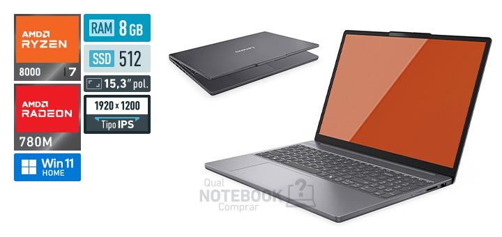 Lenovo IdeaPad Slim 3 83TY000SBO Ryzen 7 8840HS Serie 8000 Radeon 780M Windows 11 Home RAM 8 GB SSD 512 GB Tela LED 15-3 polegadas WUXGA IPS Garantia 1 ano