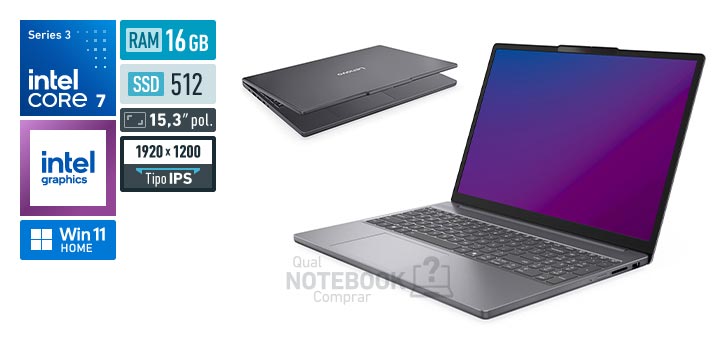 Lenovo IdeaPad Slim 3i 83WA0000BO Core 7-350 Serie 3 Graphics 2 Xe3 iGPU Windows 11 Home RAM 16 GB SSD 512 GB Tela LED 15-3 polegadas WUXGA IPS Garantia 1 ano