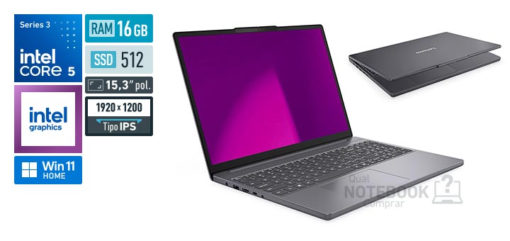 Lenovo IdeaPad Slim 3i 83WA0003BO Core 5-320 Serie 3 Graphics 2 Xe3 iGPU Windows 11 Home RAM 16 GB SSD 512 GB Tela LED 15-3 polegadas WUXGA IPS Garantia 1 ano