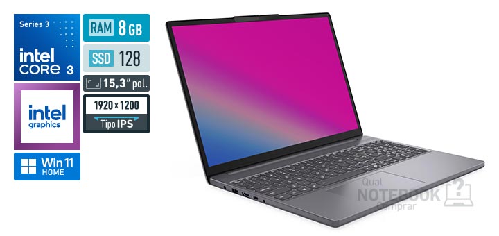 Lenovo IdeaPad Slim 3i 83WA0012BO Core 3-304 Serie 3 Graphics 1 Xe3 iGPU Windows 11 Home RAM 8 GB SSD eUFS 128 GB Tela LED 15-3 polegadas WUXGA IPS Garantia 1 ano