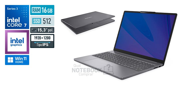 Lenovo IdeaPad Slim 3i 83WA001EBO Core 7-350 Serie 3 Graphics 2 Xe3 iGPU Windows 11 Home RAM 16 GB SSD 512 GB Tela LED 15-3 polegadas WUXGA IPS Garantia 1 ano