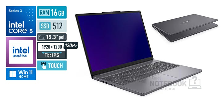Lenovo IdeaPad Slim 3i 83WA001HBO Core 5-320 Serie 3 Graphics 2 Xe3 iGPU Windows 11 Home RAM 16 GB SSD 512 GB Tela LED 15-3 polegadas touch WUXGA IPS 120 Hz Garantia 1 ano