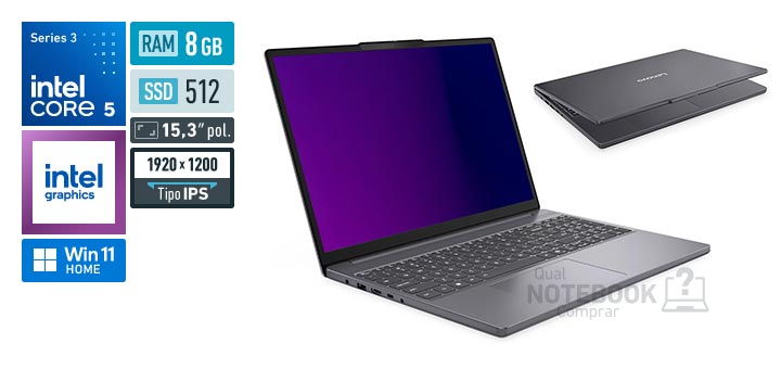 Lenovo IdeaPad Slim 3i 83WA001JBO Core 5-320 Serie 3 Graphics 2 Xe3 iGPU Windows 11 Home RAM 8 GB SSD 512 GB Tela LED 15-3 polegadas WUXGA IPS Garantia 1 ano
