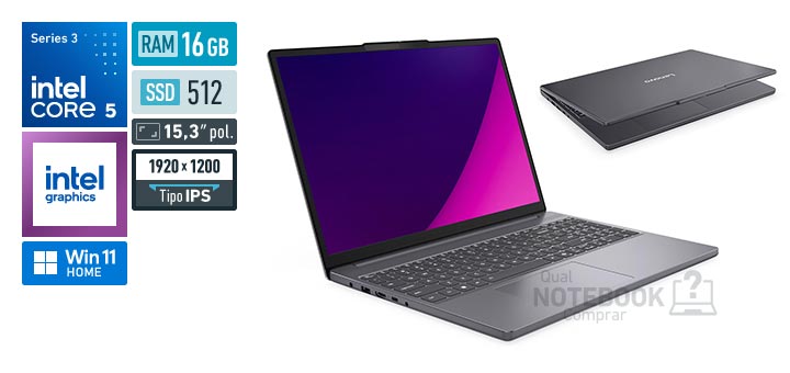 Lenovo IdeaPad Slim 3i 83WA001MBO Core 5-320 Serie 3 Graphics 2 Xe3 iGPU Windows 11 Home RAM 16 GB SSD 512 GB Tela LED 15-3 polegadas WUXGA IPS Garantia 1 ano