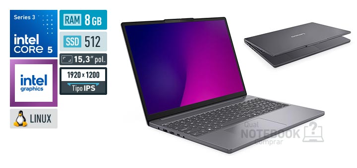 Lenovo IdeaPad Slim 3i 83WAS00100 Core 5-320 Serie 3 Graphics 2 Xe3 iGPU Linux RAM 8 GB SSD 512 GB Tela LED 15-3 polegadas WUXGA IPS Garantia 1 ano